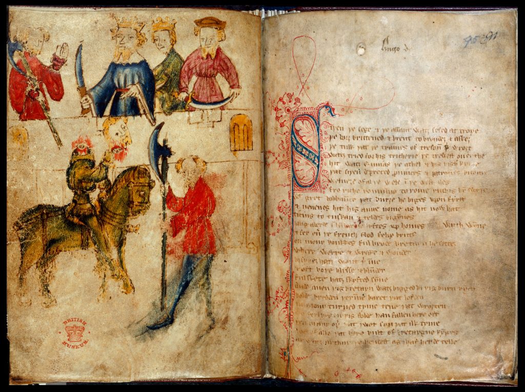 A page spread from an illuminated copy of the Green Knight of Camelot. The text features a delicately illuminated initial letter and is accompanied by an illustration of the court at Camelot looking on as Gwain faces the beheaded Green Knight, who holds up his own head as he continues to ride his horse.