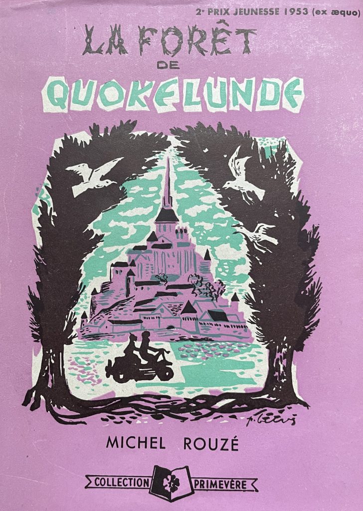 Bright pink background with jagged lettering of book title over brushy rendering of two large black trees populated by white birds bending over loose drawing of Mont-St-Michel in same pink behind two figures in black on a motorbike riding left to right across sea green sands under sea green clouds. Very mid-modern style suggesting an air of mystery and adventure for young readers.
