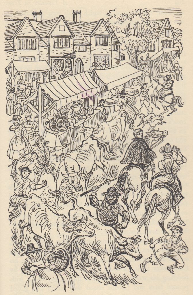 Simple but energetic line drawing of a Renaissance market fair complete with village buildings and throngs of people around tented stalls showing a variety of wares for sale. A melee of running dogs behind rampaging cattle crowd the foreground with excited men and boys trying to control them by chasing with raising sticks while a male and female rider of higher status move up the page to the right and a village woman with basket flees to the bottom left.