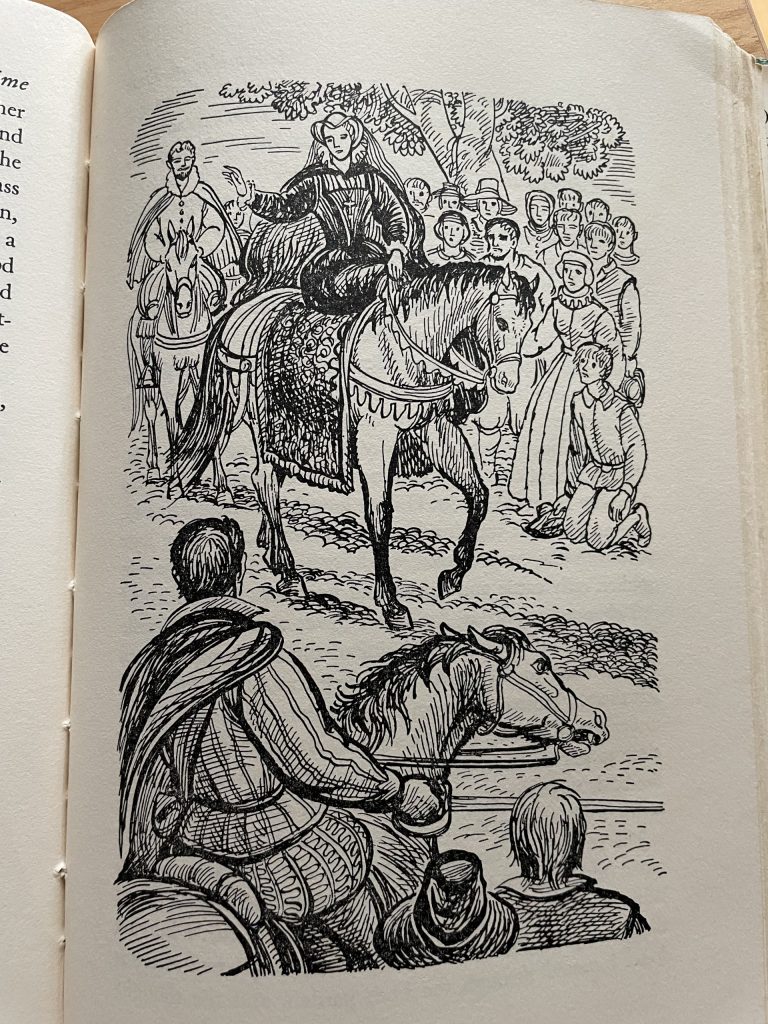 Simple but energetic line drawing of Mary, Queen of Scots in Renaissance dress and cloak with veiled hat and large cross pendant, riding side-saddle on horseback waving to crowds around her with male riding behind her. In foreground is closer male figure on horseback in Renaissance doublet and cloak.