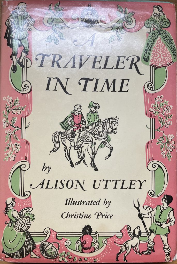 Line drawings of Renaissance folk on a cream background, flowered curving frame around title with two figures on horseback in the center. The frame is in salmon pink with pea green clothing on the figures and inside edges. The two figures are a boy in a pink doublet with a green cloak and a female in a green riding dress with a green hat, decorated by a white feather. The style evokes early manuscript decorations in a whimsical fashion.