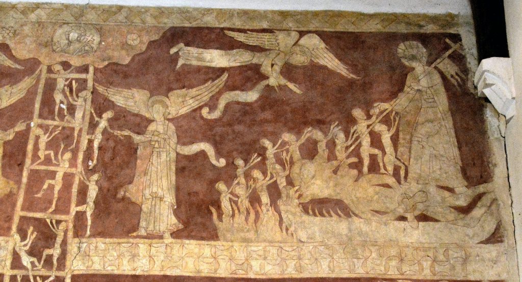 Detail of wall painting. At left, souls climb a ladder up towards Christ in a roundel. An angel gestures towards the ladder. On the right, Christ stands on the legs of a demon and reaches towards small figures with outstretched arms.