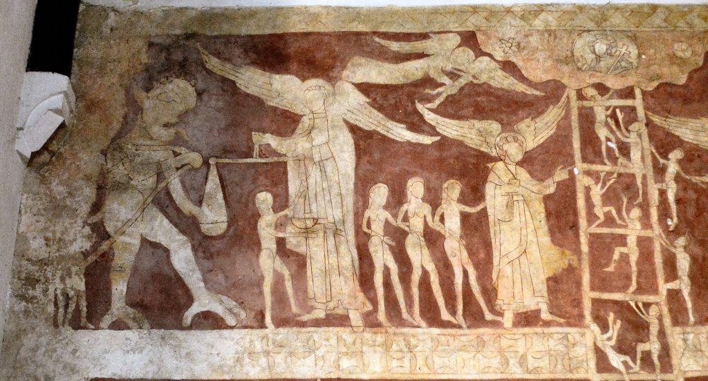 Detail of wall painting with ladder at the right. On the left, an angel holds up a scale, and a demon places a hand on the scale.