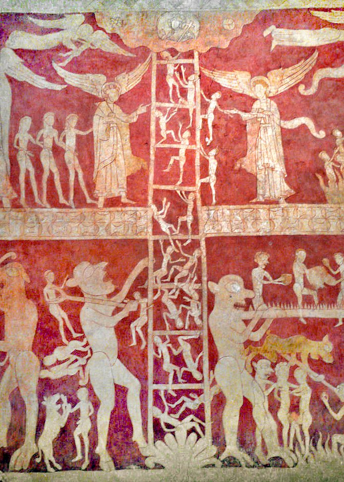 Detail of ladder with small figures climbing up it; some fall off. On the upper register, angels surround the ladder. On the lower register, demons surround the ladder.