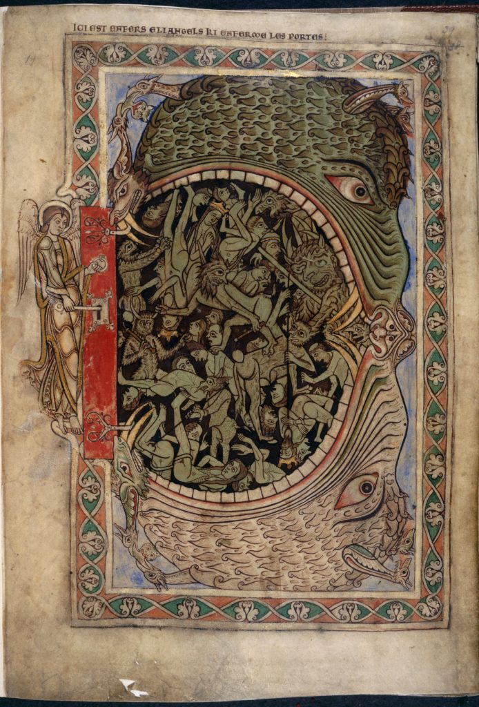 Manuscript page showing a beast’s mouth with figures inside of it. At the left, an angel uses a key to unlock a door.