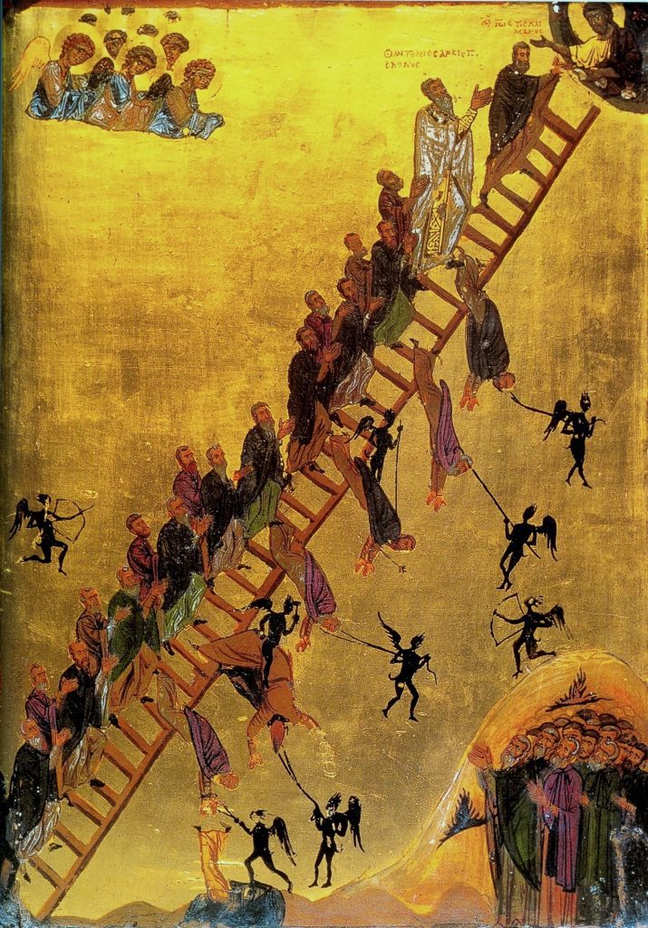 Panel painting with a ladder positioned diagonally; male figures in monastic garb climb ladders.