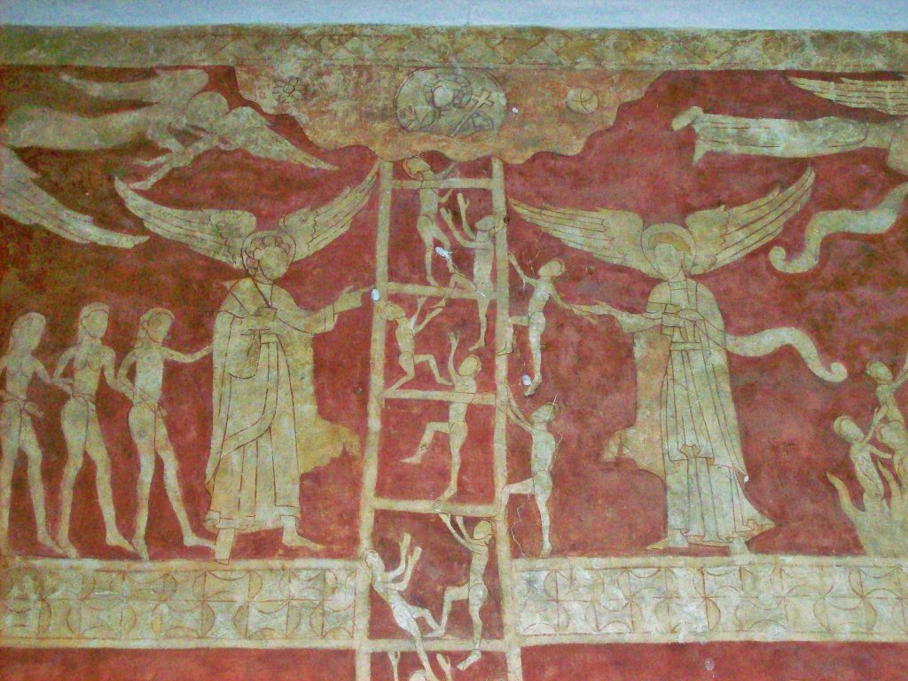 Detail of wall painting showing a ladder with small naked figures climbing it. Christ with a halo and cross are at the top of the ladder. On each side, a large angel figure helps those on the ladder.