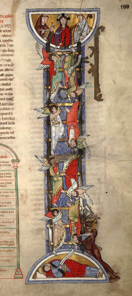 Manuscript detail showing Jacob laying at bottom, with ladder occupied by angels ascending and descending up to lunette at top with Christ making gesture of blessing, and two tonsured figures.