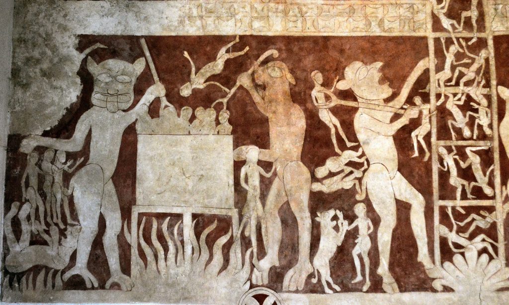 Detail of wall painting showing two demons cooking souls in a cauldron and one demon holding onto a ladder with small figures trying to climb but mostly falling off of it.
