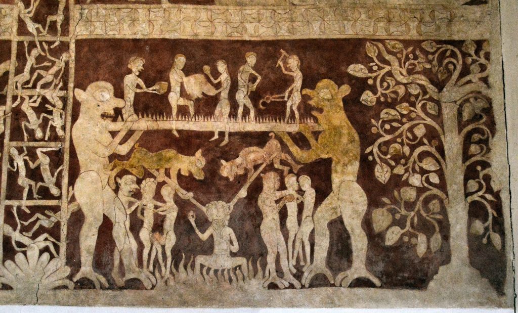 Two demons hold up a cross-cut saw. Five figures performing tasks are perched on the saw; additional figures are being tormented by demons below. At the right is a tree with a snake winding through its branches.