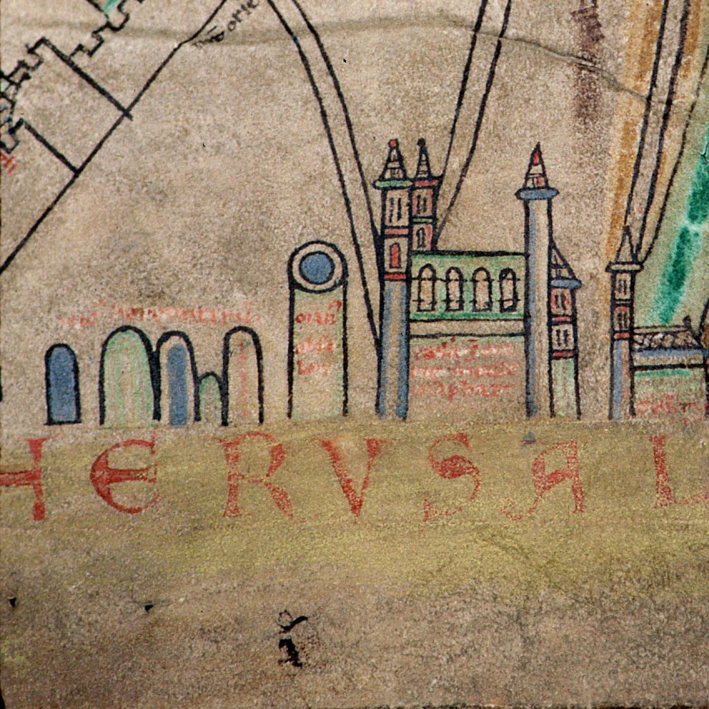 Painted parchment depicting little caves and surrounding architecture.