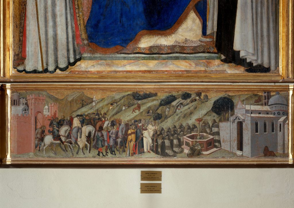Rectangular painting depicting men presenting a document to a group of friars wearing gray and brown striped habits. The friars are kneeling in front of a fountain and a small church. The background depicts a desert landscape.