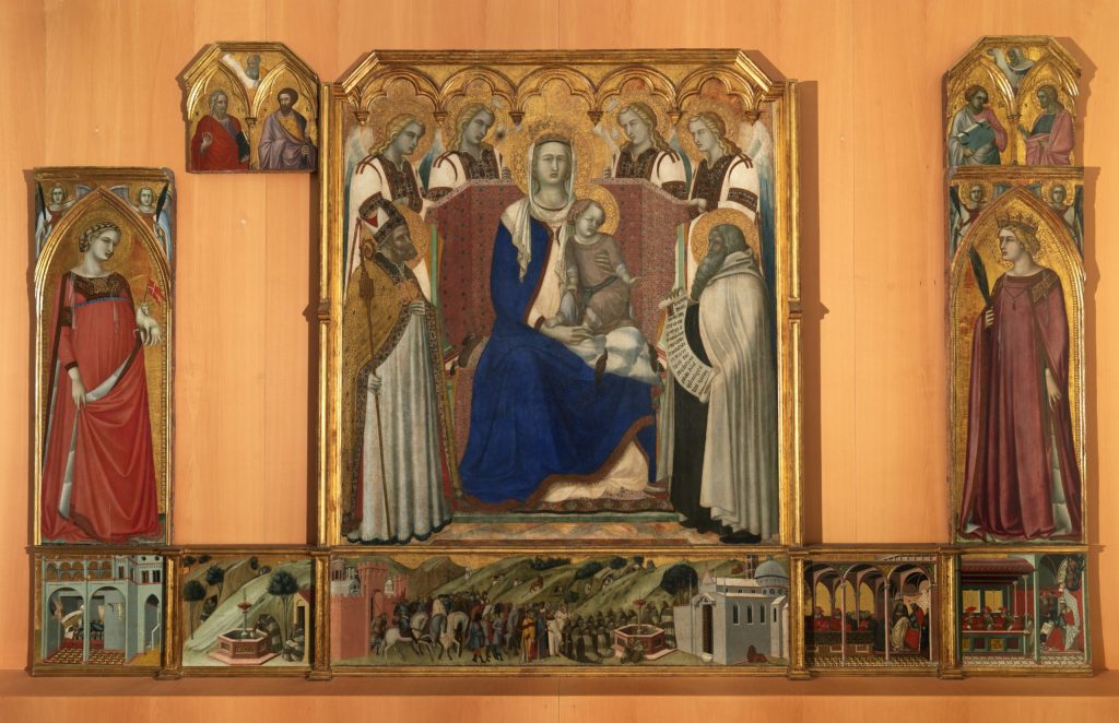 Large, multi-paneled altarpiece with several missing panels. The upper panels depict saints, angels, and prophets set against a gold background. The lowest panels depict five events from the history of the Carmelite order.