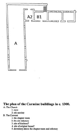 Floor plan showing a rectangular church perpendicular to simple conventual buildings.