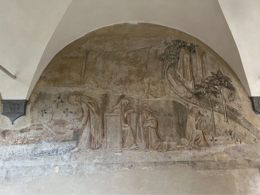 A man is buried; A monk kneels before another monk and receives a crown; A nun eats cabbage; two women hang from trees.