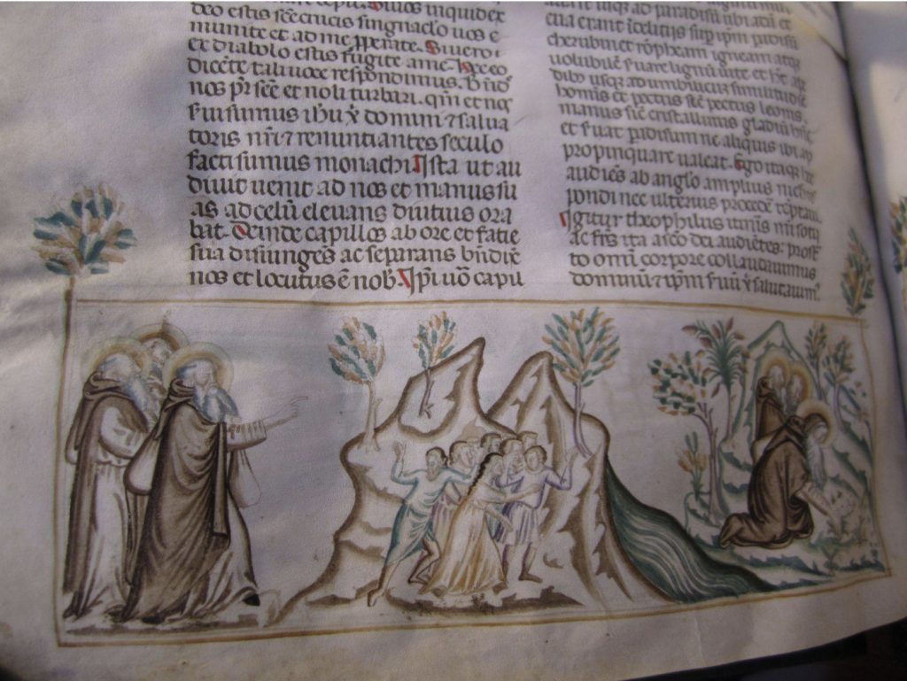 Image in a manuscript of men approaching a mountain and leaving the mountain.