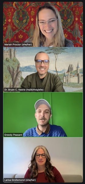 A screenshot of a video chat between the three editors and Tyler Gunther (Greedy Peasant).