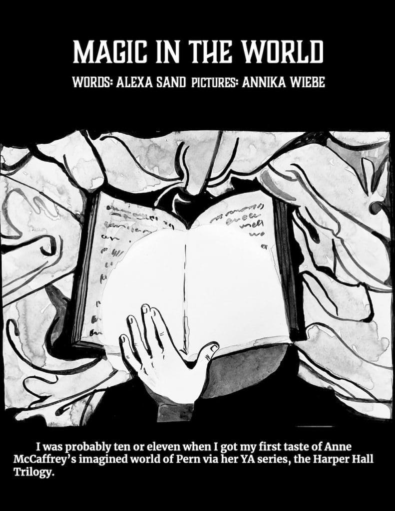 Black-and-white watercolor drawing of a hand resting on an open book with a flashlight beam shining on it.