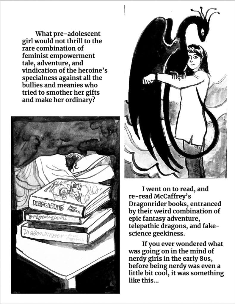 Black-and-white watercolor drawing of a dark-haired white girl with a black dragon perched on her arm like a hunting bird. Black-and-white watercolor drawing of a stack of books on a bedside table in front of a person sleeping in bed. The spines of the books read “Dragon Song,” “Dragon Drums,” and “Dragon Singer.”