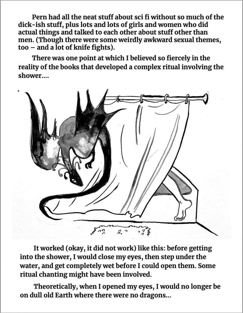 Black-and-white watercolor drawing of a black dragon flying in front of a bathtub with the shower curtain drawn across it. One bare foot of a person entering the shower peeks from behind the curtain.