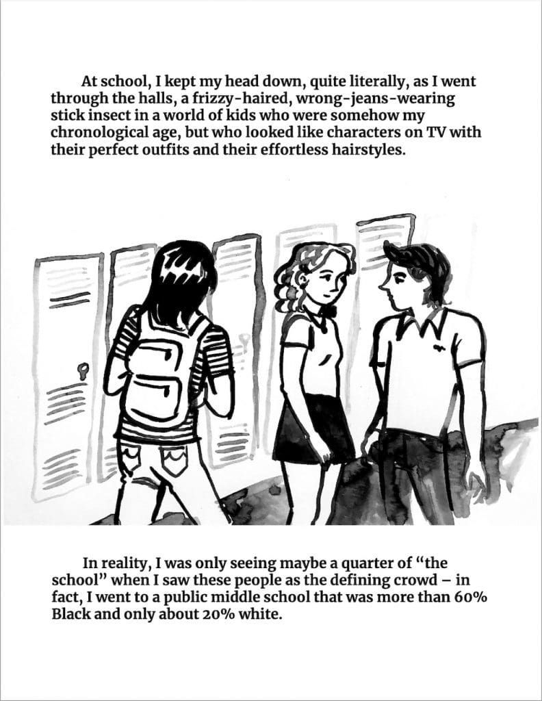 Black-and-white watercolor drawing of three teenagers in front of school lockers, one facing away, wearing a backpack, the other two a white boy and girl in preppy clothes.