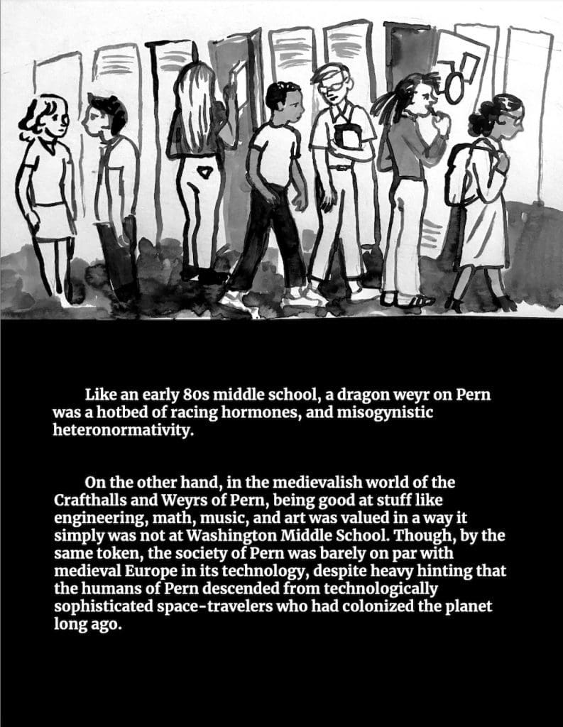 Black-and-white watercolor drawing of seven teenagers in front of school lockers, different races, clothing styles, and expressions.