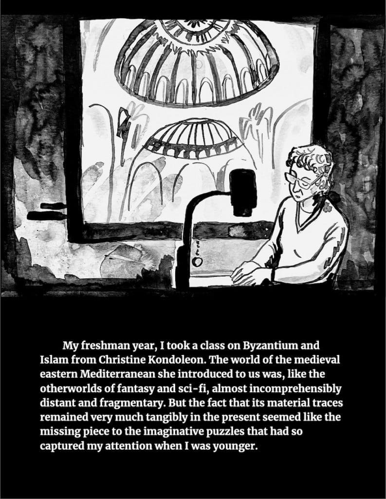 Black-and-white watercolor drawing of a professor at an overhead projector with the screen behind her displaying a view of the interior of the dome of the Hagia Sophia in Istanbul.