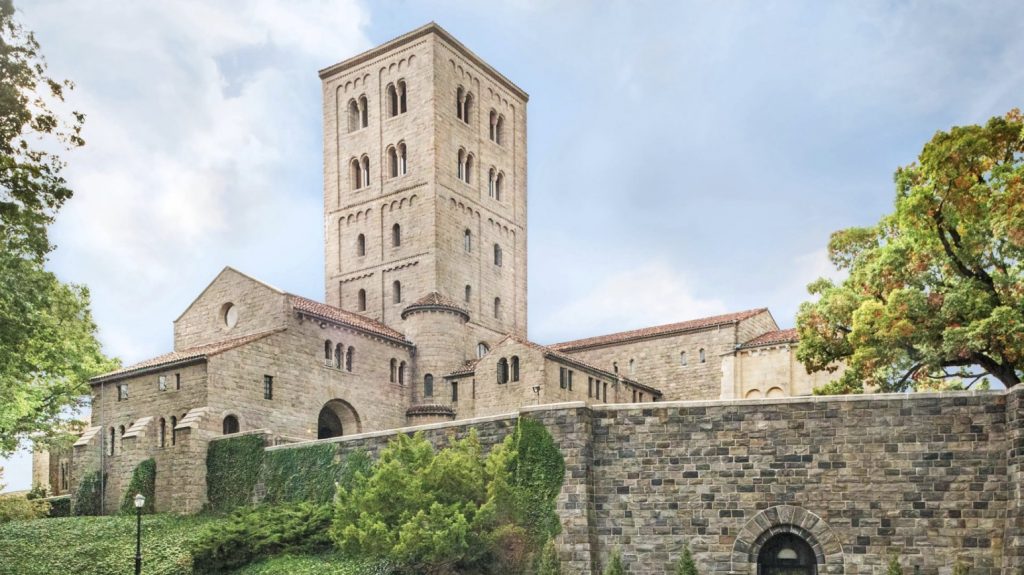 A view of the bell tower of the Met Cloisters.