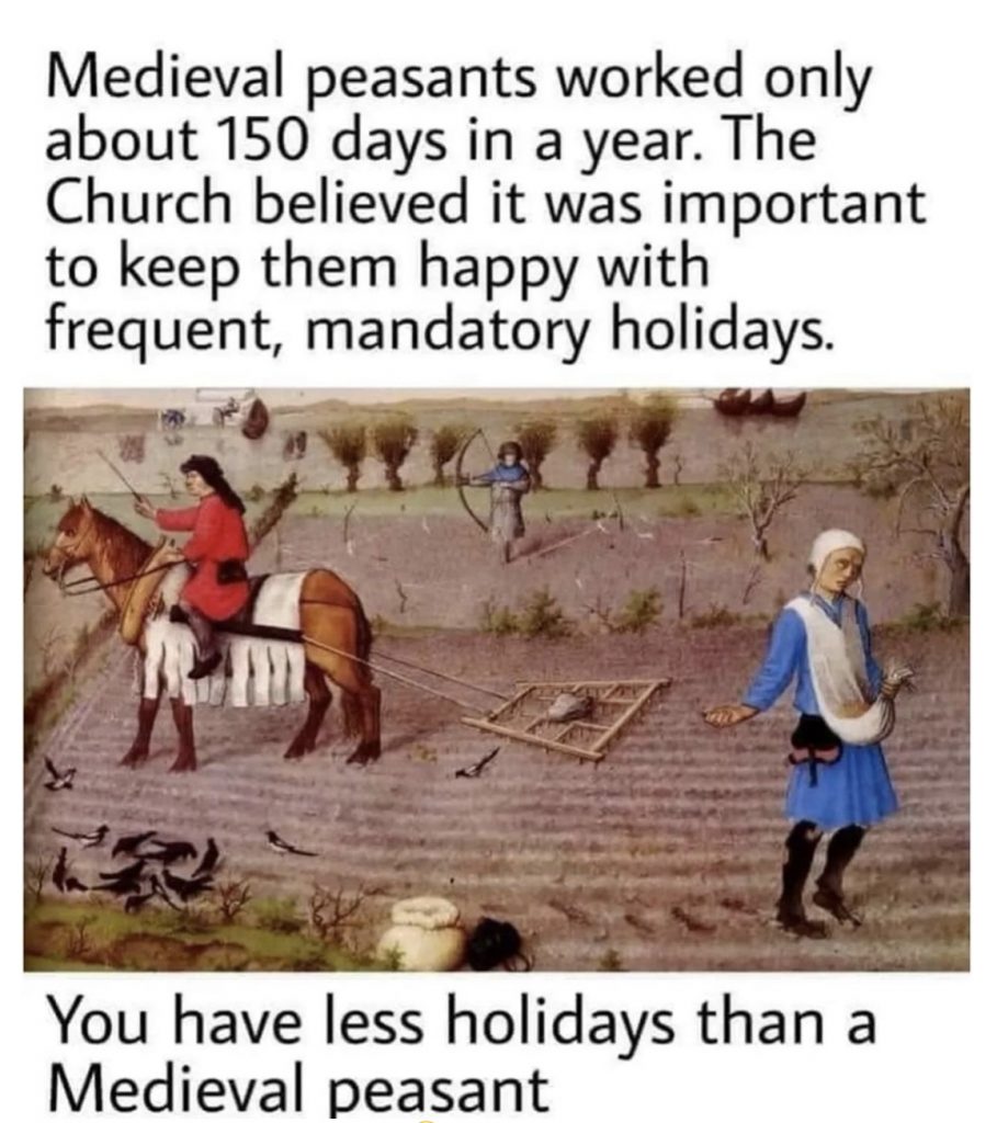 Meme stating, "Medieval peasants worked only about 150 days in a year. The Church believed it was important to keep them happy with frequent, mandatory holidays. You have less holidays than a Medieval peasant."