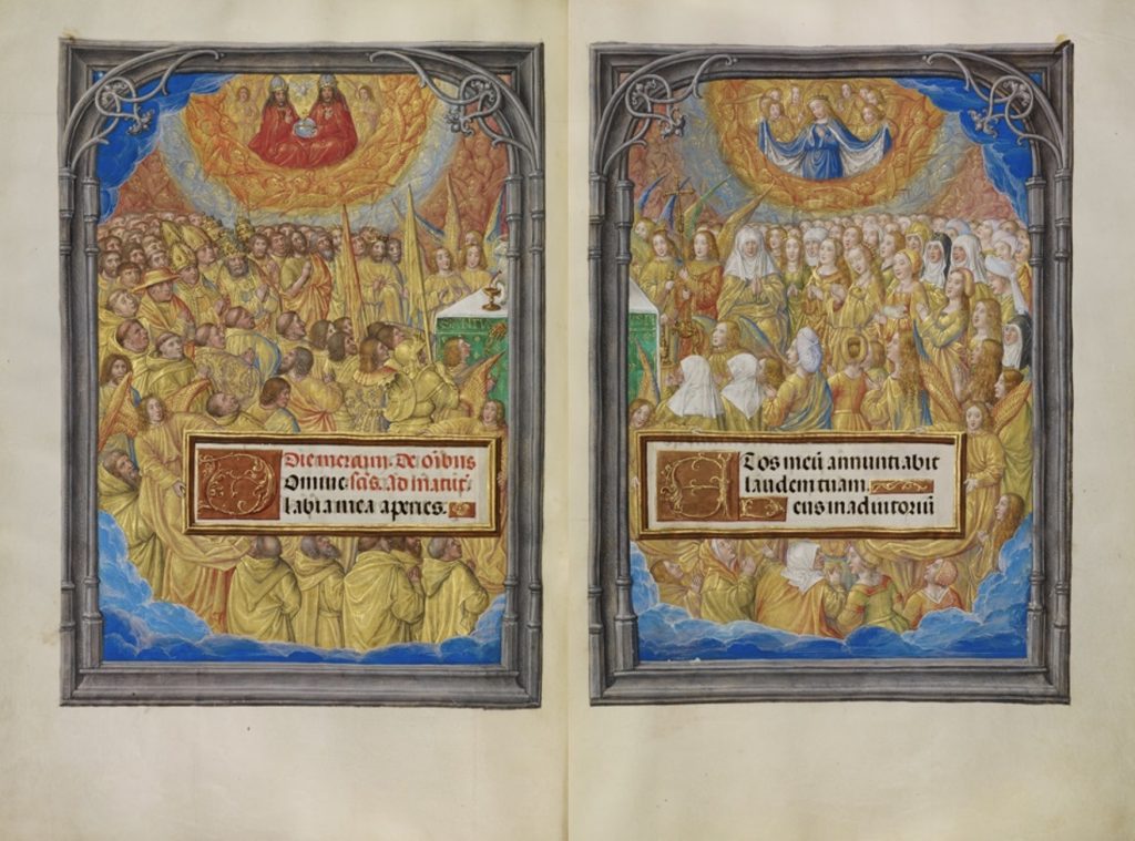 Medieval manuscript showing male and female saints in heaven.