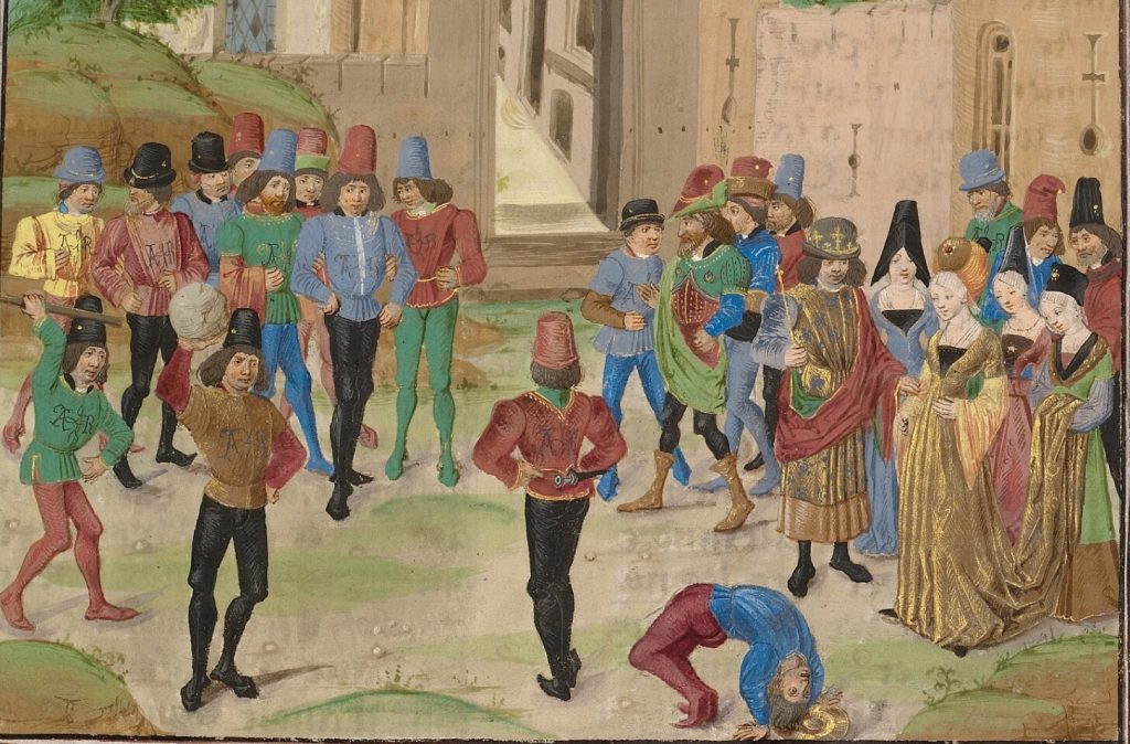 Medieval manuscript showing men posing and exercising amidst a crowd of fashionably-dressed individuals.
