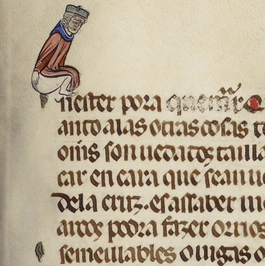 Detail of a person pooping in a medieval manuscript.