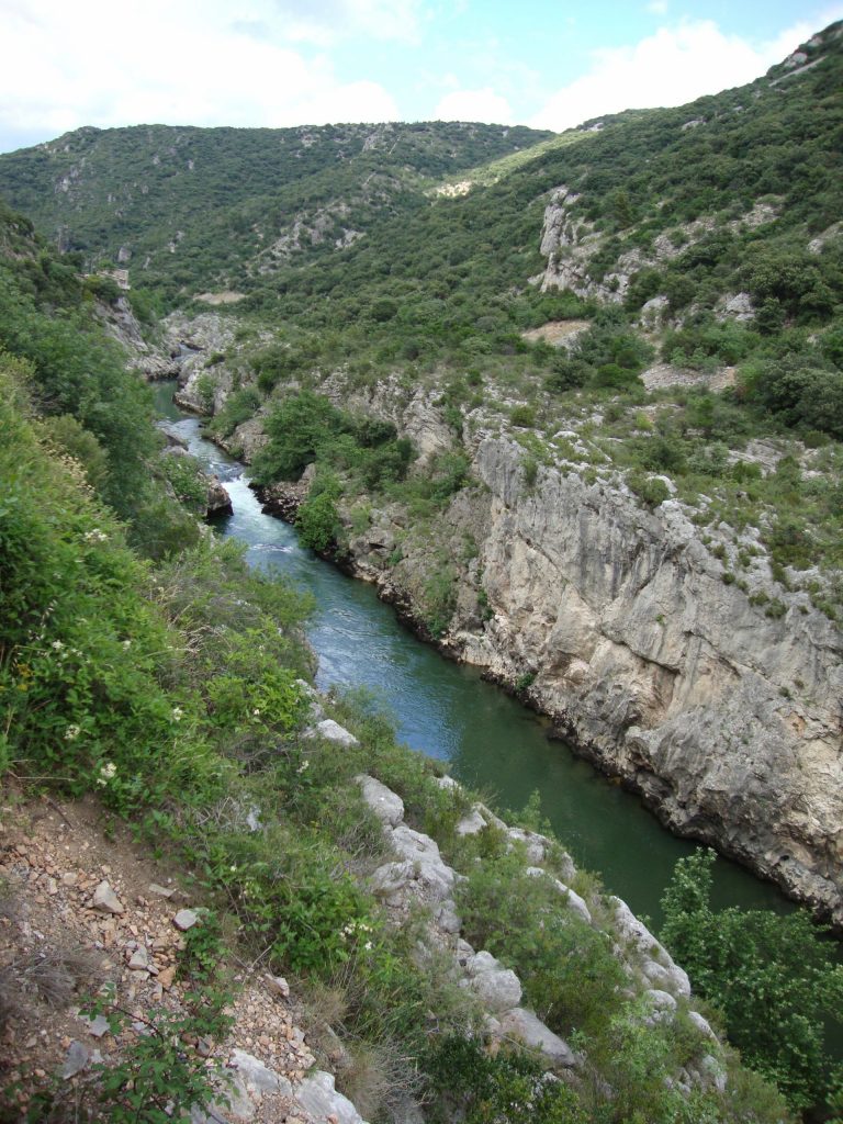 A river cuts through a stony gorge in a landscape covered with low vegetation.
