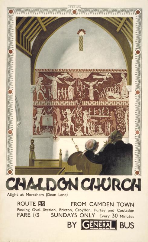 Poster showing an image of the Chaldon mural, with two male figures in the foreground, one of them holding a painter’s palette and donning a monastic tonsure. Text at bottom advertises Route 59 from Camden Town to Merstham stop on Sundays only.
