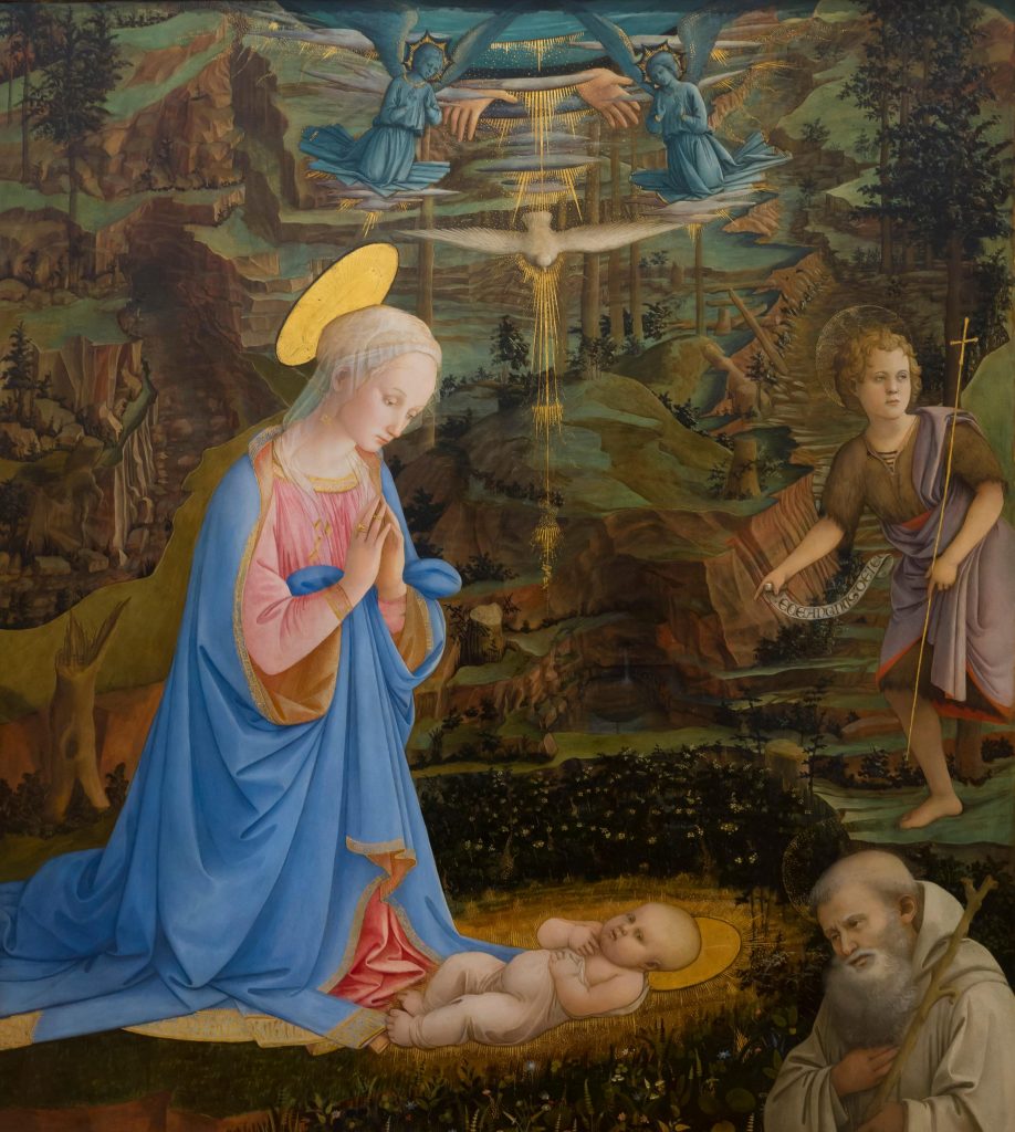 Filippo Lippi’s painting of Madonna adoring the Christ Child with Holy Spirit, hands of God, St. John the Baptist, and St. Romuald in a fir tree forest. Made for the Sacred Hermitage of Camaldoli.