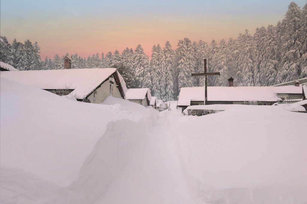 Cells at the Sacred Hermitage of Camaldoli during a winter snow.