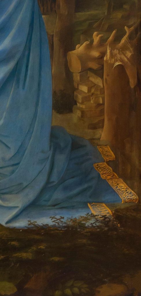 Detail of fallen fir tree, splintered stump, and refined trunk in Lippi’s Adoration in the Forest.