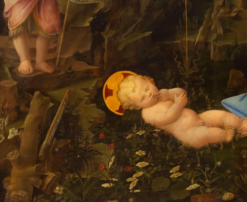 Detail of axe with signature of the artist, Filippo Lippi, in Adoration in the Forest.