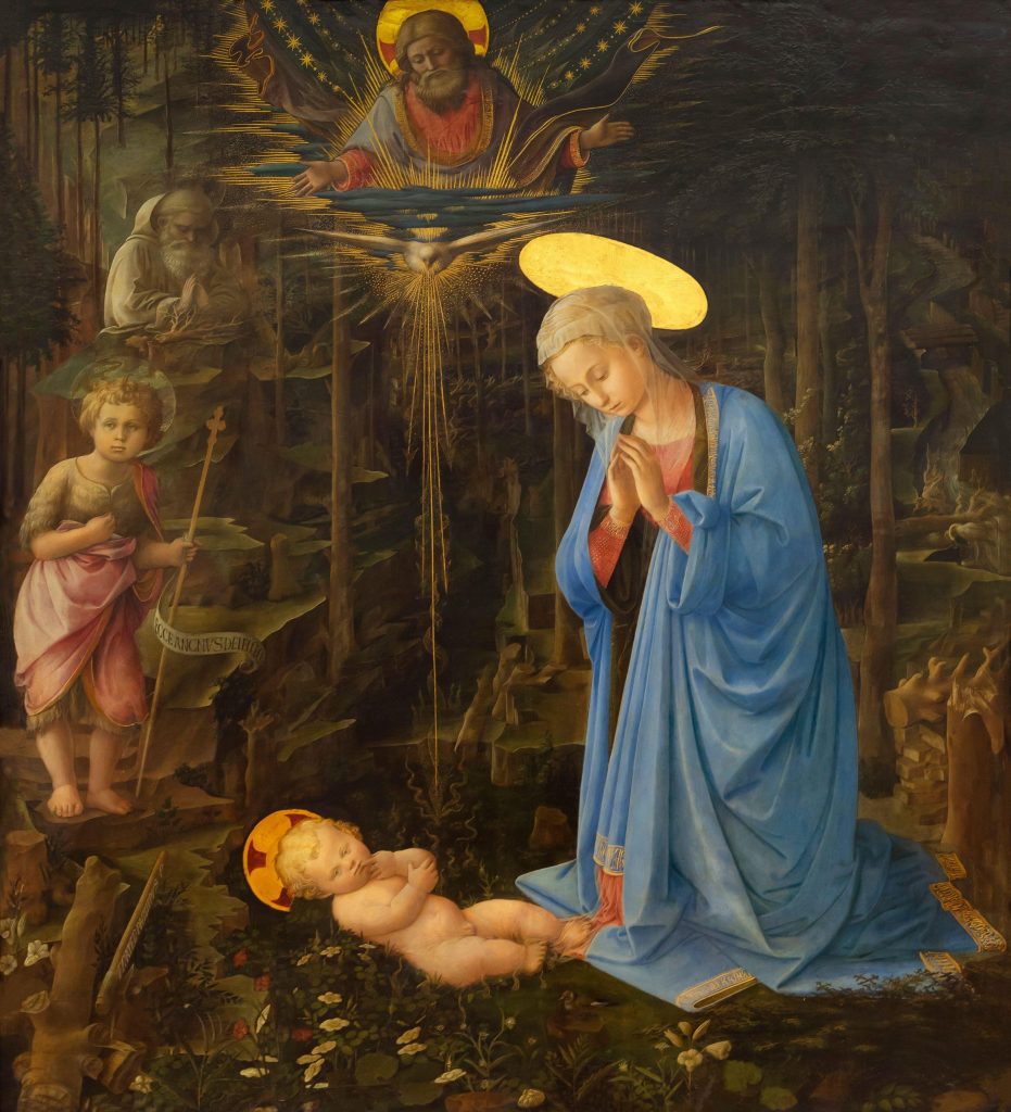 Filippo Lippi’s painting of the Madonna adoring the Christ Child with the Holy Spirit, God, St. John the Baptist, and St. Romuald in a fir tree forest. Made for chapel of the Palazzo Medici.