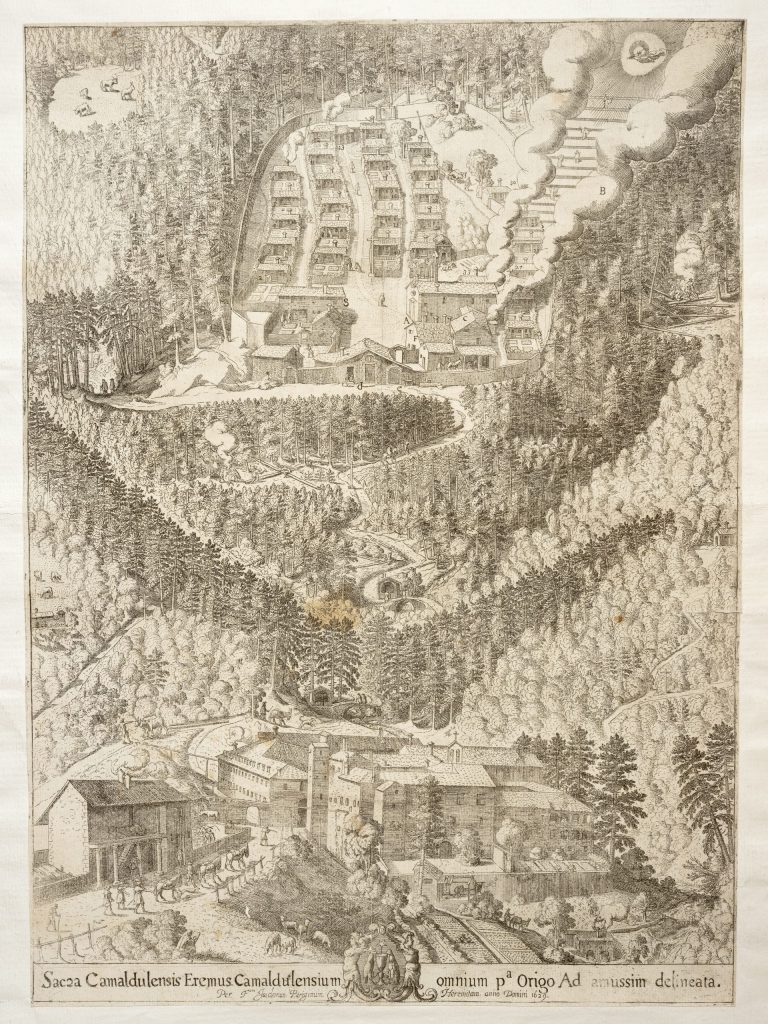 Bird’s eye view of the Sacred Hermitage and Monastery of Fontebuono in Camaldoli, Tuscany by Isidore of Paris, hermit, 1629.