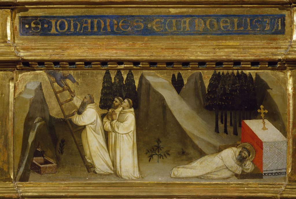 Predella painting with St. Romuald’s dream of monks in white habits climbing a ladder to heaven, the founding vision for the Sacred Hermitage of Camaldoli.