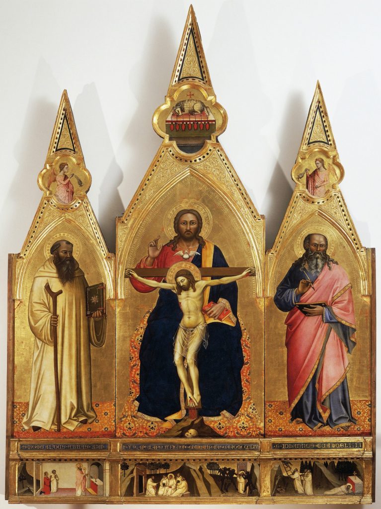 Triptych by Nardo di Cione with Trinity (Throne of Grace), St. Romuald and St. John the Evangelist with predella stories from the life of St. Romuald.