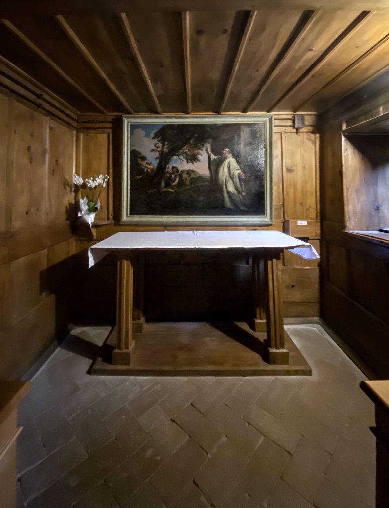 Wood paneled oratory in the Cell of St. Romauld, Sacred Hermitage, Camaldoli.