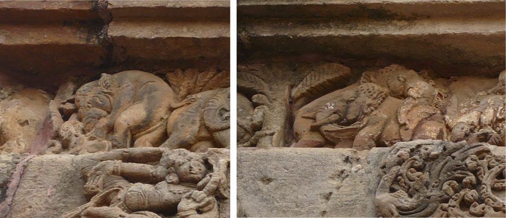 Stone reliefs showing elephants in musth, fighting and trampling a human. Svarnajalesvara, Bhubaneswar, Odisha.