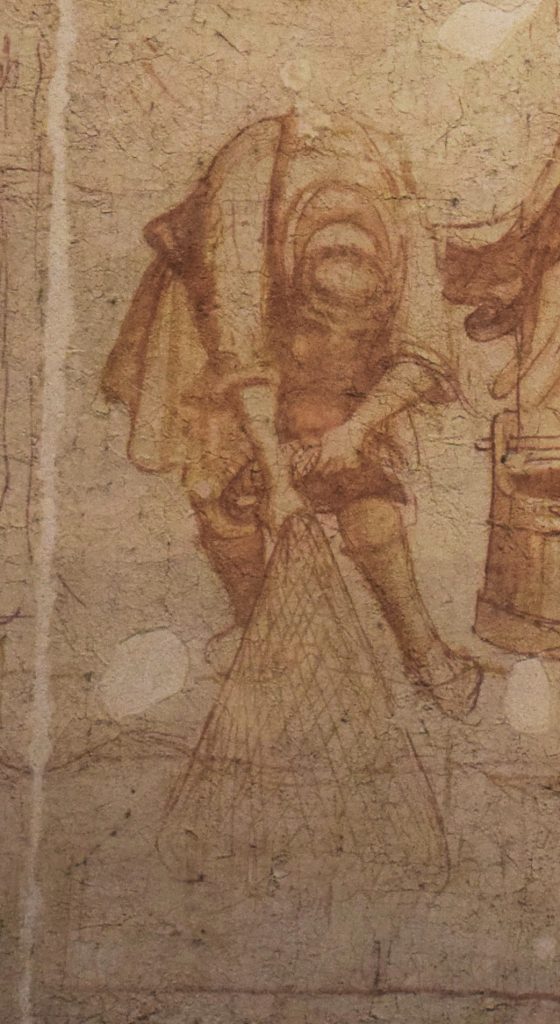 Preliminary drawing of part of a wall painting, showing a young man leaning forward to pull in a string bag holding fish from the river.