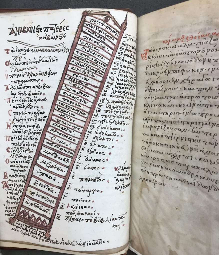 Page of a book with a schematic image of a ladder positioned diagonally and words written between the rungs of the ladder.