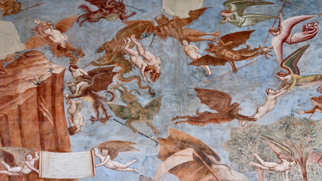 Detail of The Triumph of Death. Angels and winged demons engage in an aerial battle over the souls of the dead (depicted as naked figures).