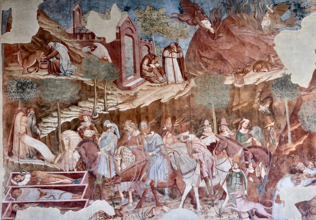 Detail of The Triumph of Death. A wider view of the whole left-hand half of the fresco, showing the hunting party, the three dead in their coffins, the hermits and their hilltop monastery, and the infernal mountain at the top right.