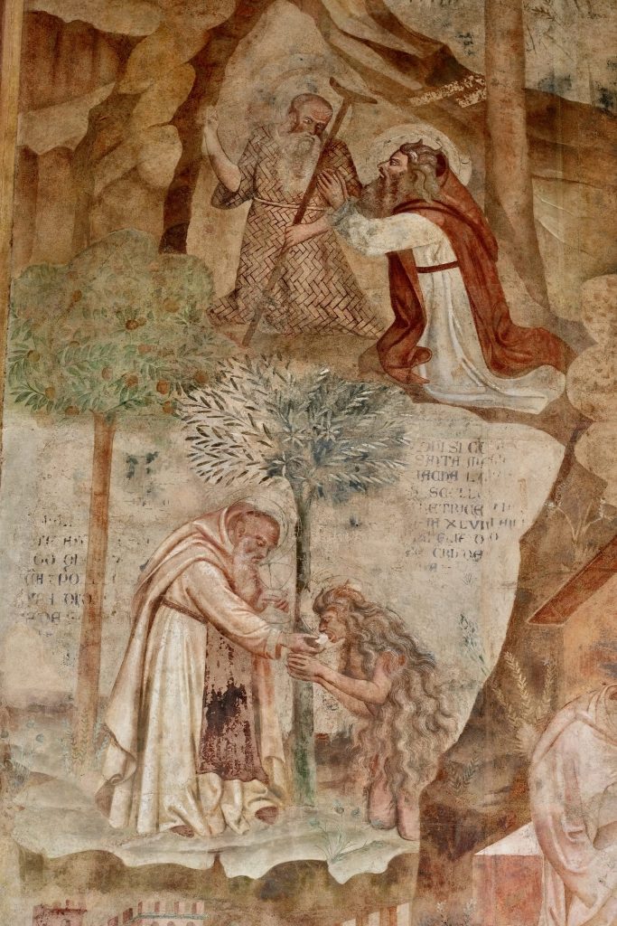 Detail of the Thebaid fresco, showing (above) St Anthony Abbot with St Paul of Egypt (‘the first hermit’), and below, St Mary of Egypt receiving communion from Bishop Zosimus.