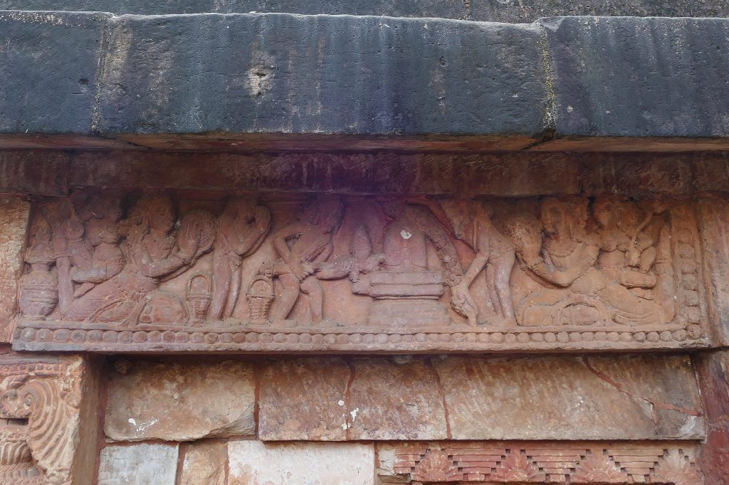 Seventh century stone relief with ascetics performing ritual offerings to the linga, including flower garland and arati. From Parasuramesvara temple, Bhubaneswar, Odisha.